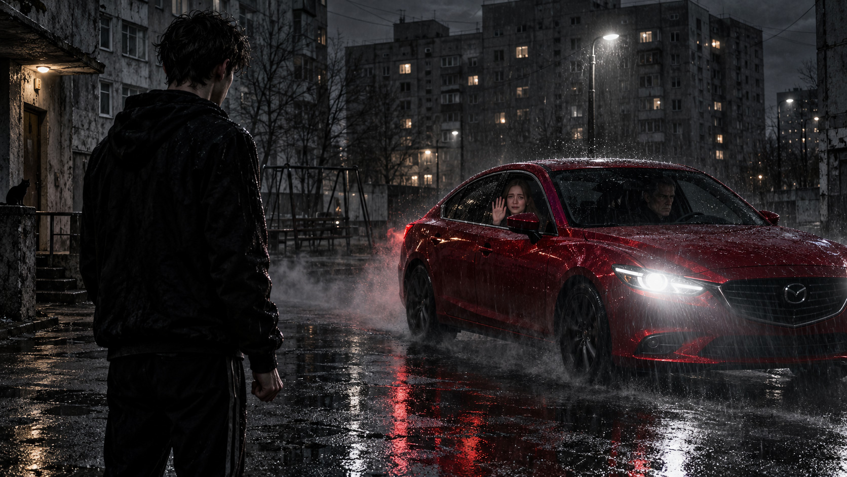 Красная Mazda во дворе серых многоэтажек ночью. Девушка прощается с парнем через окно автомобиля, пока отец увозит её под проливным дождём.